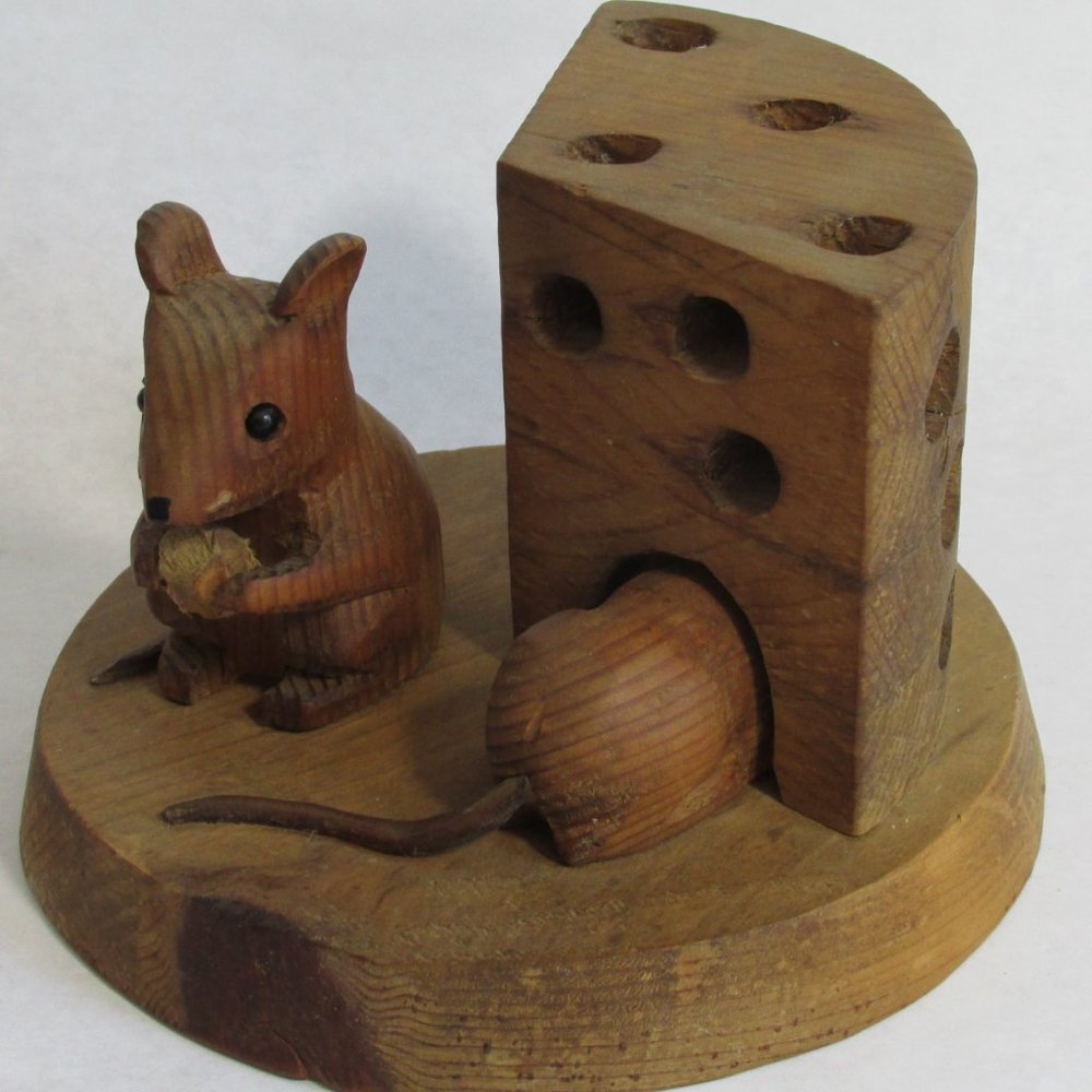 Unique Carved Wood Folk Art Sculpture of Mice & Cheese Signed John Nelson 1980!